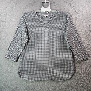 Talbots Top Blouse Women Medium Split Neck 3/4 Sleeve Black White Plaid